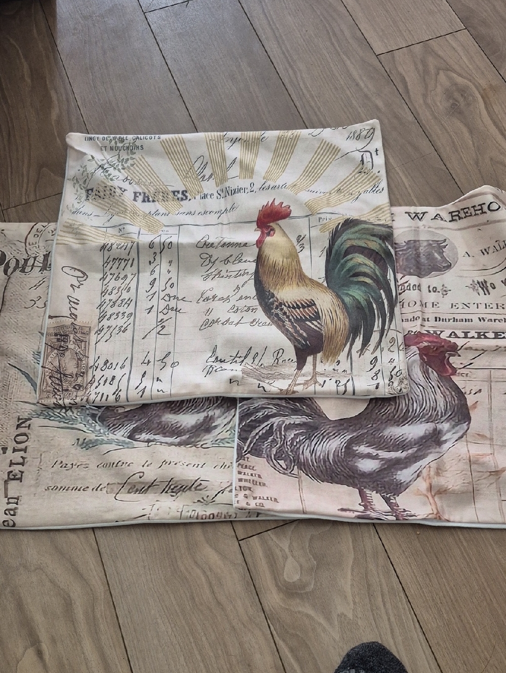 Rooster Print Pillow Covers Set Of Three - Cream, Brown, Green, Red